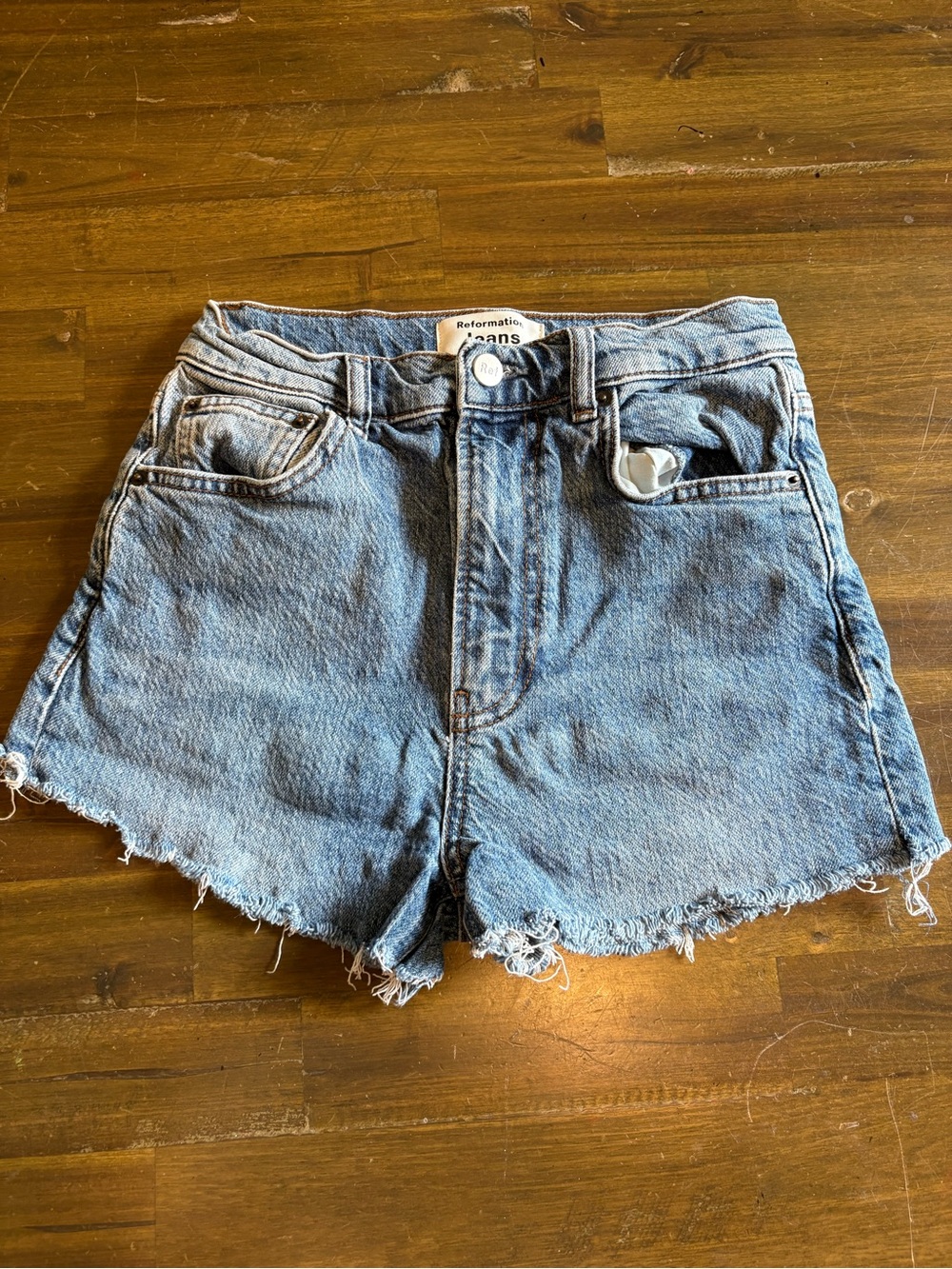 Reformation Handmade Cut Off Shorts Frayed Hot Shorty Denim Stretch 26 Distress